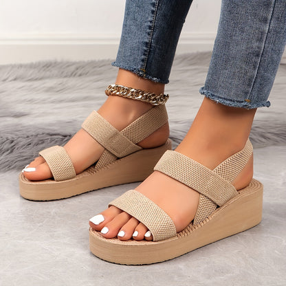 Serene Walk, Women's Summer Wedge Sandals - Comfortable Slip-On Beach Shoes with Elastic Ankle Straps, Round Toe Design, EVA Sole