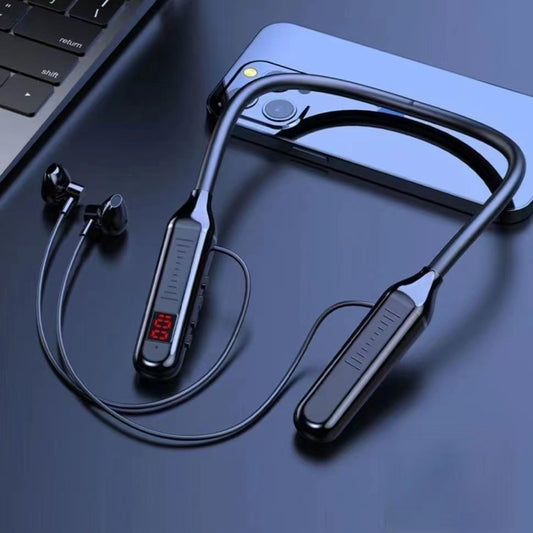 Wireless Neckband Earphones with Digital Display - Large Capacity Semi-In-Ear Stereo Headphones for Sports and Gaming, Rechargeable Battery, USB Type-C Charging, Black, Sports Audio Gear|Digital Display Headphones|Adjustable