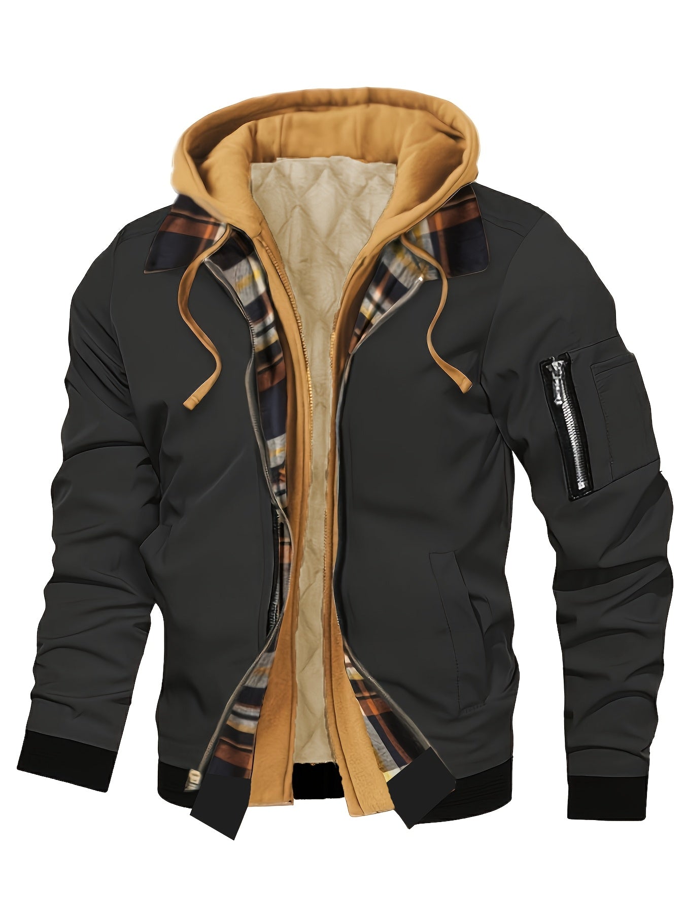 Men'S Warm Fleece-Lined Hooded Jacket with Plaid Details - Casual Winter Coat for Outdoor Activities, Zip-Up, Regular Fit, Polyester Lined, Functional Pockets, Windproof & Warm, Functional Winter Jacket | Stylish Men'S Jacket