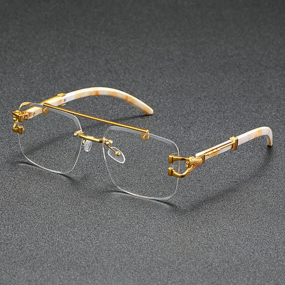 A Pair of Frameless, Beveled-Edge, Square Double-Beam Glasses, New Trendy Leopard-Print Fashion, Faux Wood Grain, Versatile for Men And Women, for Taking Photos.