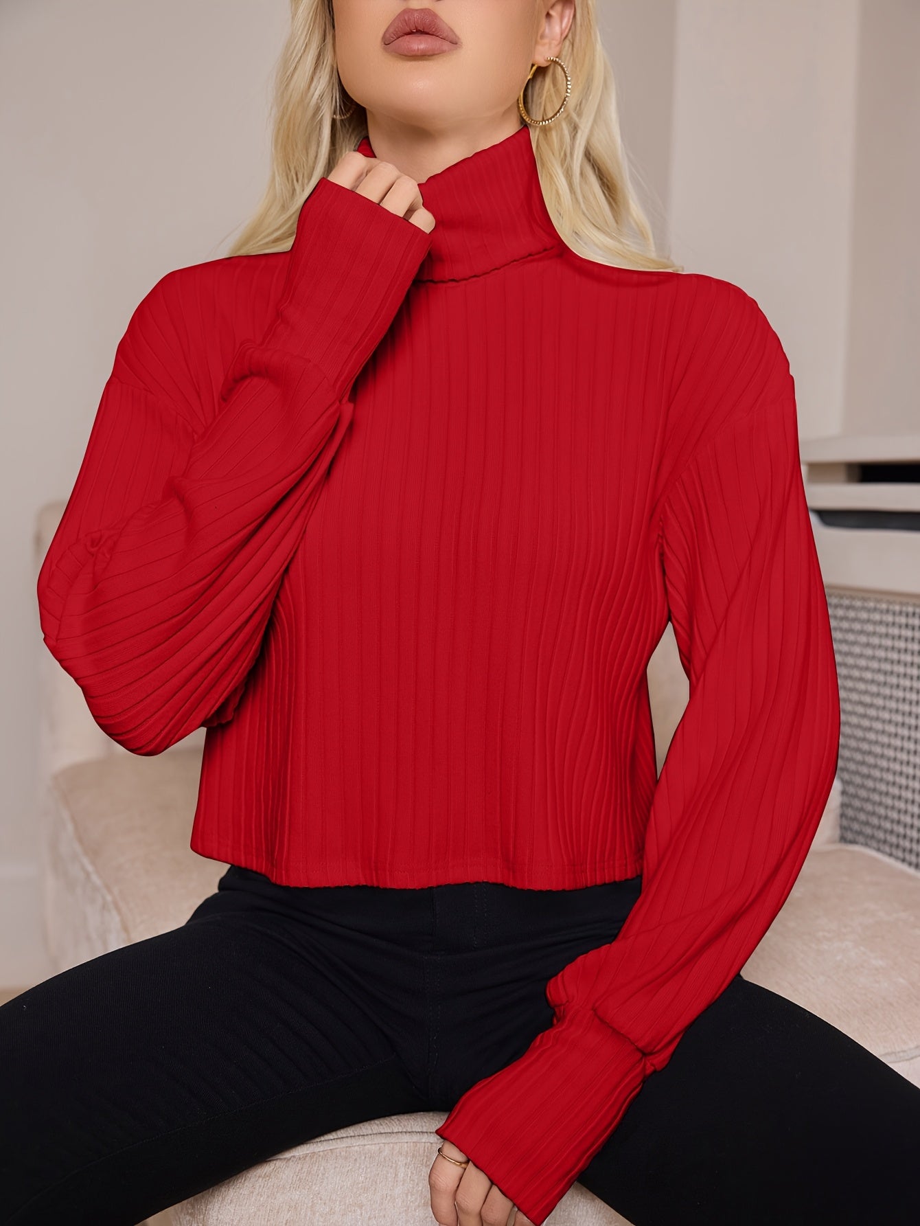 Women'S High Neck Knit Turtleneck T-Shirt, Solid Color Polyester 95% Spandex 5% Blend, Short Length, Fall/Winter Collection, 210g/m² Knit Fabric