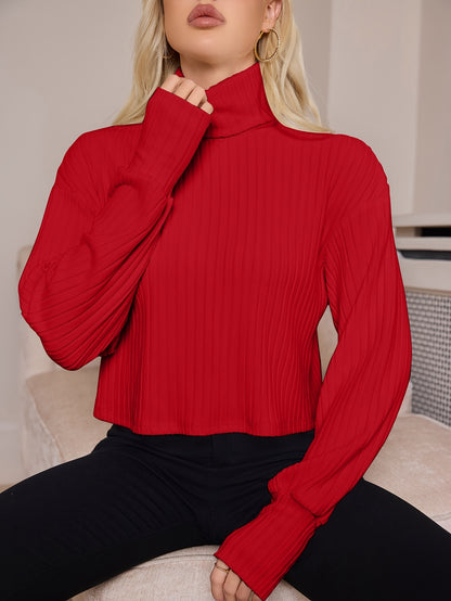Women'S High Neck Knit Turtleneck T-Shirt, Solid Color Polyester 95% Spandex 5% Blend, Short Length, Fall/Winter Collection, 210g/m² Knit Fabric