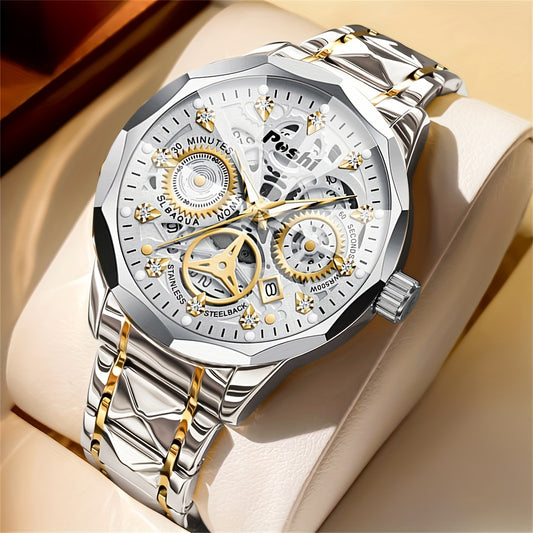 POSHI Men's Luxury Golden-Tone Quartz Watch with Rhinestone Accents, Luminous Waterproof Design, Calendar Feature, and Stylish Hexagonal Hands - Perfect Business Gift for Men, Formal Timepiece