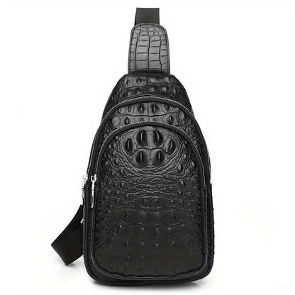 SCHLATUM Genuine Leather Crocodile Pattern Sling Bag - Black, Large-Capacity Multifunctional Crossbody Backpack for Travel, Sports & Camping, Stylish Zipper Closure Design