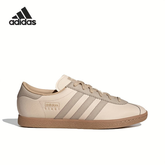 Adidas Originals Stadt Low-Top Sneakers - Slip-Resistant Rubber Sole, Genuine Leather Upper, EVA Cushioned Insole, Striped Design, Beige/Brown, Unisex All-Season Casual Shoes (JR8313), Shoe Insoles, Slipresistant Footwear, Mi