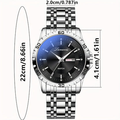 Luxury Men'S Quartz Watch - Sleek Round Dial with Dual Calendar, Luminous, Waterproof, Stainless Steel Band - Ideal Business Gift, Business Gift Watch|Minimalist Timepiece|Luminous Watch Face, Watch Accessories