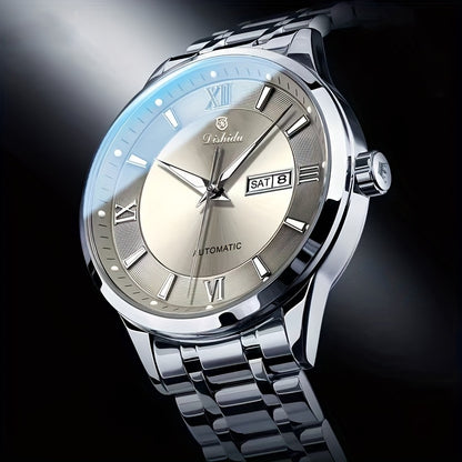 Elegant Men's Stainless Steel Quartz Watch - Luxurious Golden-Tone Business Timepiece with Dual Calendar & Luminous Hands, Waterproof - Ideal Gift for Birthdays & Anniversaries