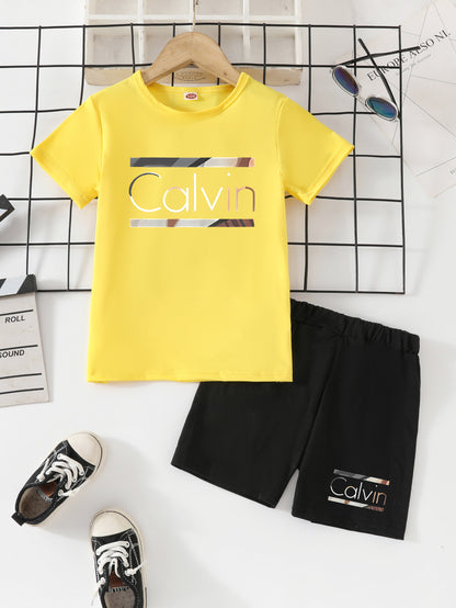 2pcs - Youngsters' Short Sleeve Shorts Set - Street Style Casual "Calvin" Letter Print, Vibrant Design - Summer Outdoor Outfit, Polyester Fabric, Comfortable for All Seasons, Daily Wear | Lively Printed Top | Stretchy Materia