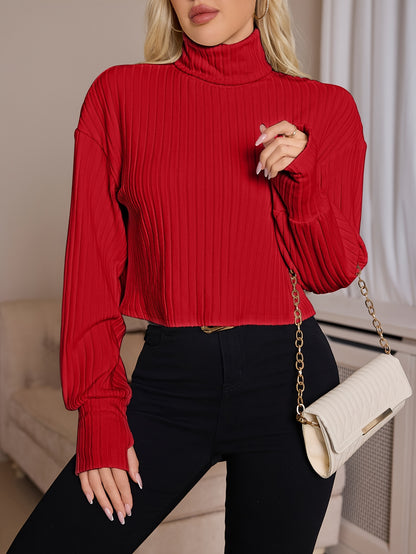 Women'S High Neck Knit Turtleneck T-Shirt, Solid Color Polyester 95% Spandex 5% Blend, Short Length, Fall/Winter Collection, 210g/m² Knit Fabric