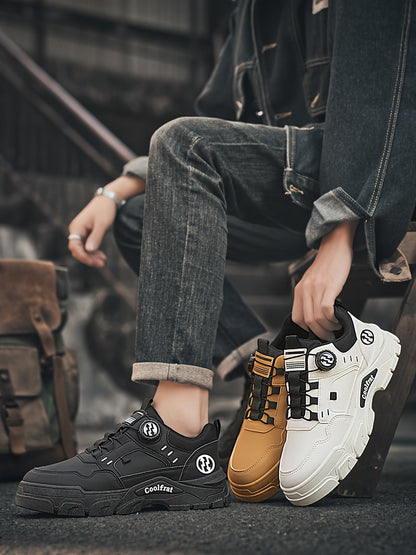 Men's Solid Color Skate Sneakers - Adjustable Rotating Buckle Straps, Slip-Resistant PVC Sole & Durable PU Upper, Low-Top Lace-Up Design for Hiking, Walking, Daily Wear - All-Season Casual Streetwear Shoes, Skate Shoes