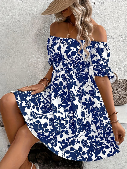 Leaves Print Off Shoulder Aline Dress, Vacation Style Short Sleeve Swing Dress For Spring & Summer, Women's Clothing