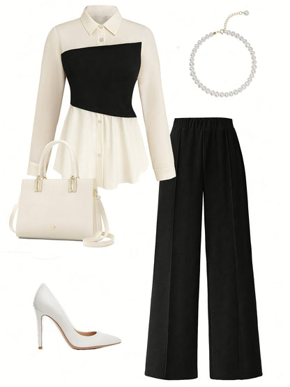 Elegant daily commuting two-piece set for ladies, featuring a color-blocked and pieced-together shirt and wide-leg trousers, suitable for all four seasons and machine washable.
