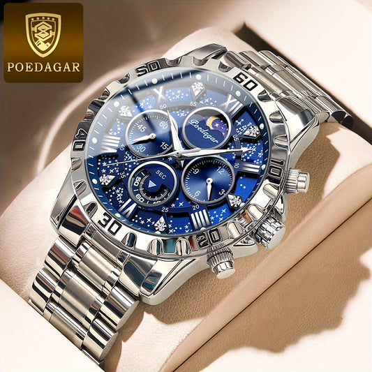POEDAGAR Men'S Luxury Stainless Steel Quartz Watch with Moon Phase and Calendar - Waterproof, Night-Glow Hands, and Detailed Dial for Business and Formal Attire, Formal Watch | Detailed Watch Face | Quartz Movement