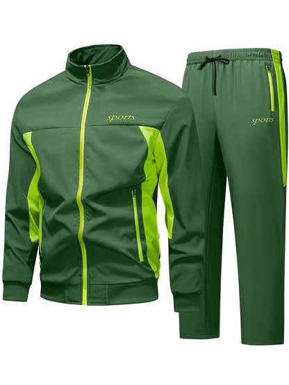 Men's Two-Tone Spliced Jacket and Pants Set in Fluorescent Green with 'Sports' Letter Print, Eye-Catching Fashion Design, Comfortable Soft Fabric, Essential Outfit for Home or Outdoor Wear TZ8030