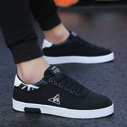 Men's Classic Lace-Up Sneakers - Breathable Canvas Walking Shoes with Non-Slip Rubber Sole, Comfortable for All Seasons, Casual & Sporty, Black with White Accents