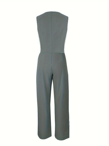 Solid Color Stylish Pantsuits, Button Front Fake Pocket Sleeveless Vest & High Waist Pleated Pants Outfits, Women'S Clothing