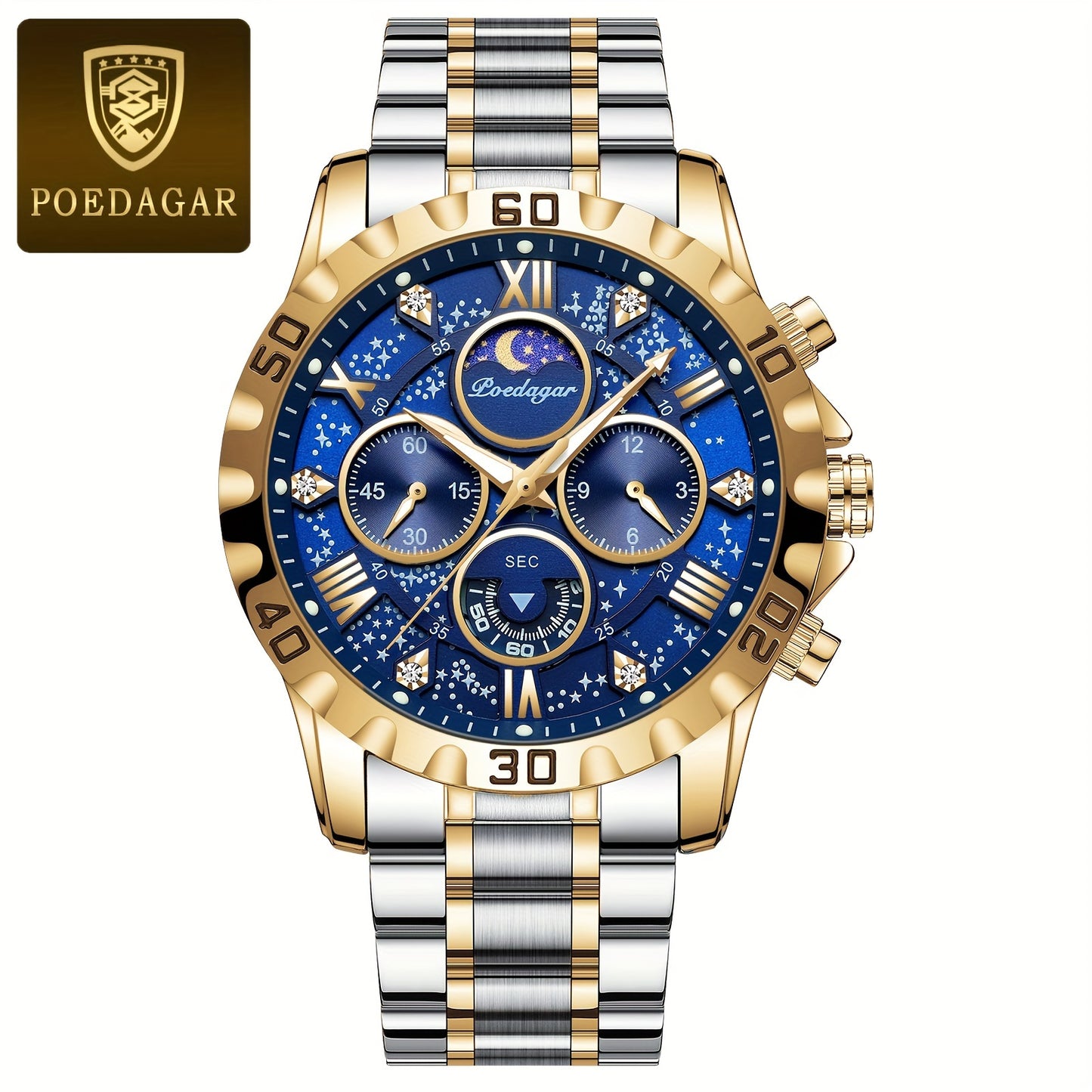 POEDAGAR Men'S Luxury Stainless Steel Quartz Watch with Moon Phase and Calendar - Waterproof, Night-Glow Hands, and Detailed Dial for Business and Formal Attire, Formal Watch | Detailed Watch Face | Quartz Movement
