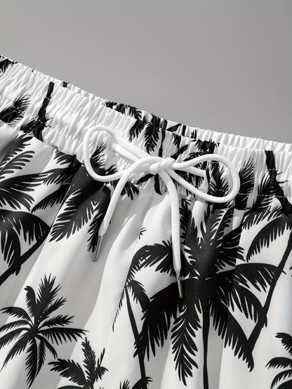 Men's Tropical Coconut Tree Print Drawstring Shorts - Casual, Loose-Fit Beachwear with Pockets