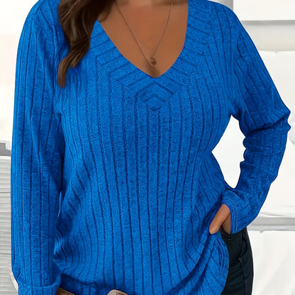 1 հատ Women'S Plus Size Casual V-Neck սվիտեր - 95% պոլիեսթեր 5% սպանդեքս տրիկոտաժե գործվածք, միաձույլ գույն, երկարաթև, գարուն/աշուն/ձմեռ բաց վերնաշապիկ