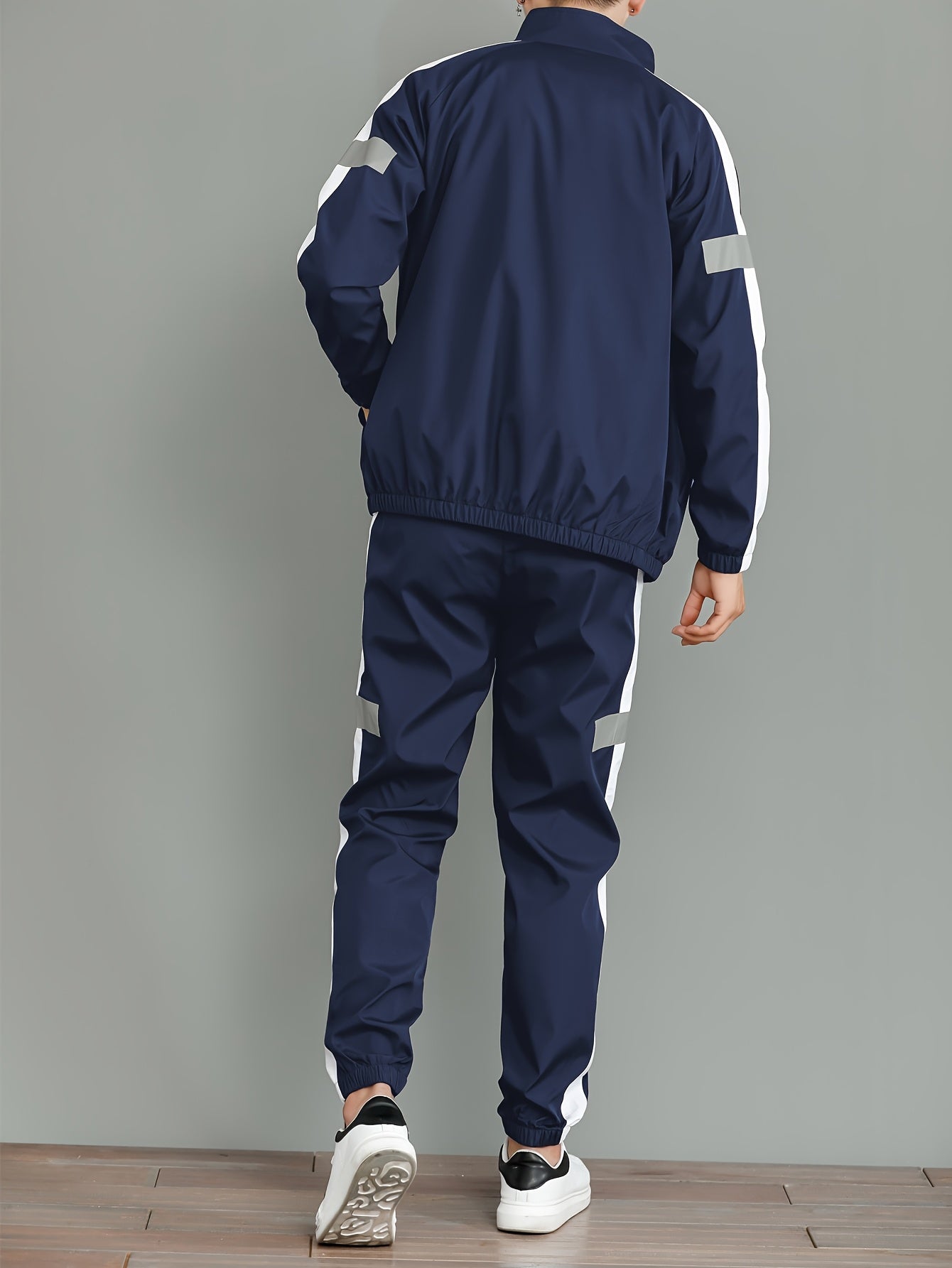 Men's Casual Sportswear Set - Black and White Striped Zip-Up Jacket with Reflective Accents & Matching Joggers, Polyester, Machine Washable, Ideal for Spring & Fall, Jogging Pants