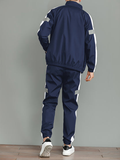 Men's Casual Sportswear Set - Black and White Striped Zip-Up Jacket with Reflective Accents & Matching Joggers, Polyester, Machine Washable, Ideal for Spring & Fall, Jogging Pants