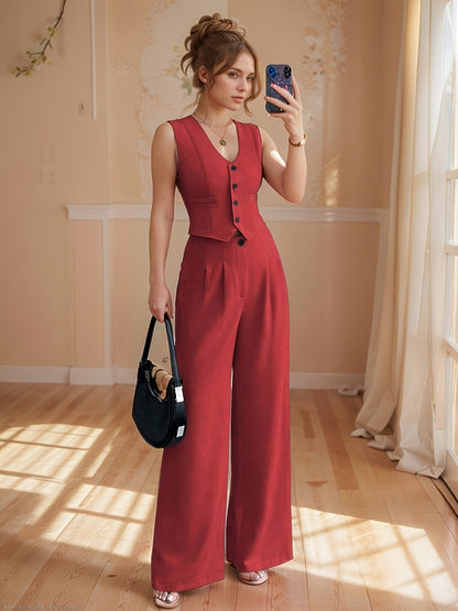 Design-Savvy Red Mini-Chic Sleeveless Suit Vest and Wide-Leg Pants Two-Piece Set