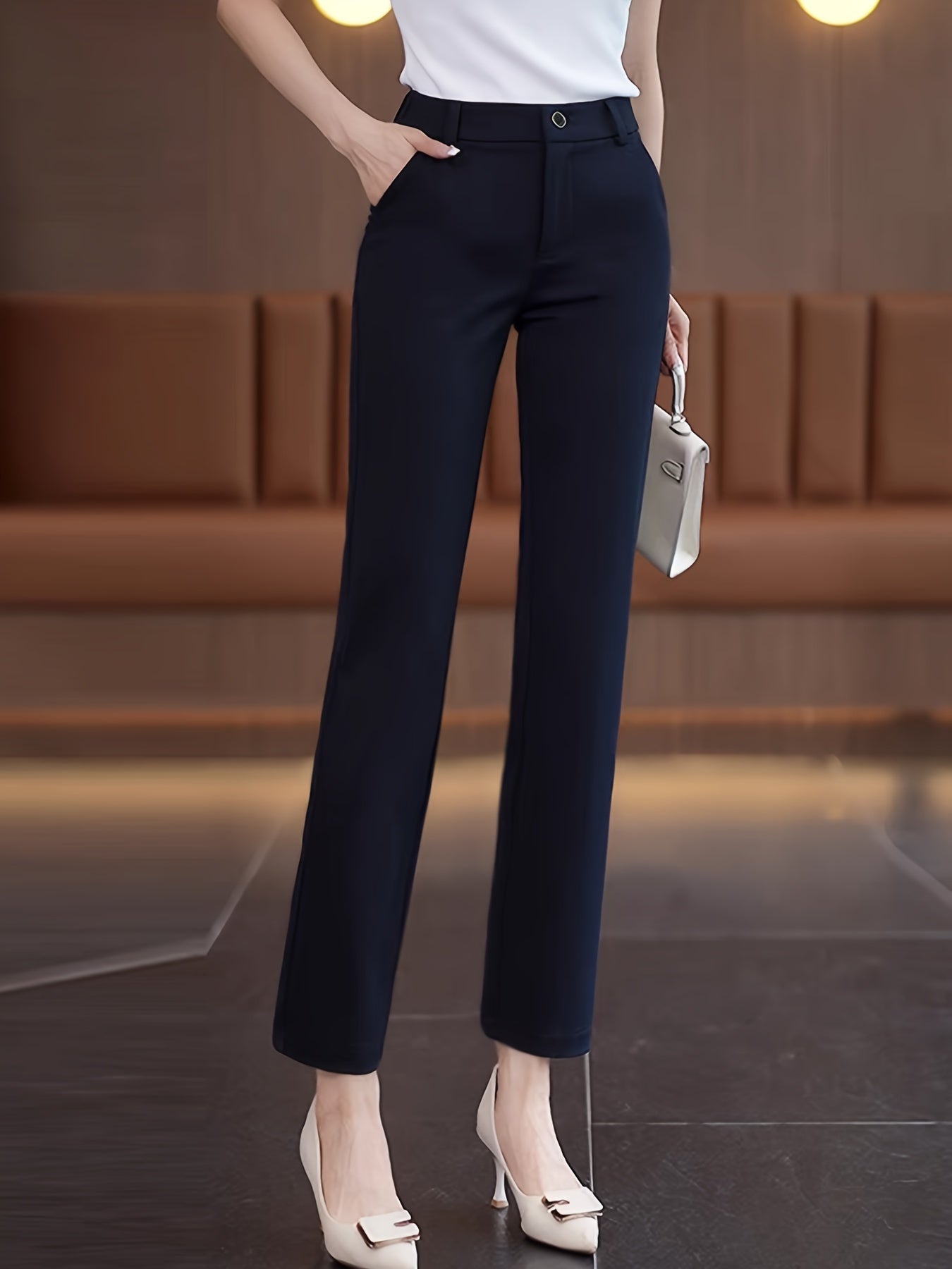 Women'S High-Waisted Straight-Leg Trousers, Casual Style, Solid Color, Polyamide 50% Viscose 50% Elastane 8%, Woven Fabric, 300g/m², Button Detail, Suit Pants for Work and Leisure - Black