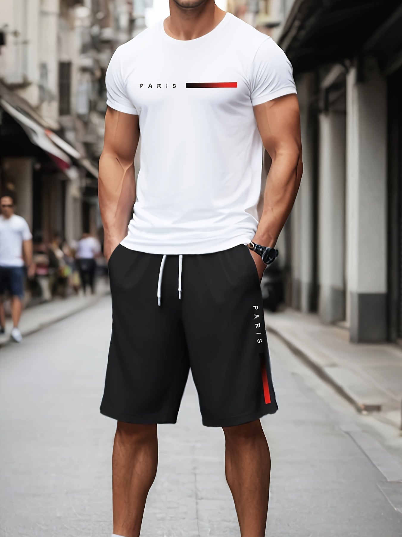 Men'S Summer Sports Workout Set - Crew Neck Short Sleeve T-Shirt & Shorts with "PARIS" Print, Striped Pattern, Knit Fabric, Slight Stretch, Polyester & Spandex Blend, Regular Fit