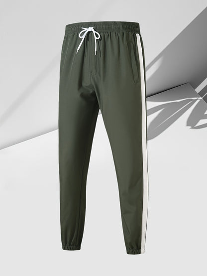 Men's Casual 2-Piece Outfit, Stylish Color Block Zip Up Hooded Jacket, Breathable Solid Color Drawstring Pants
