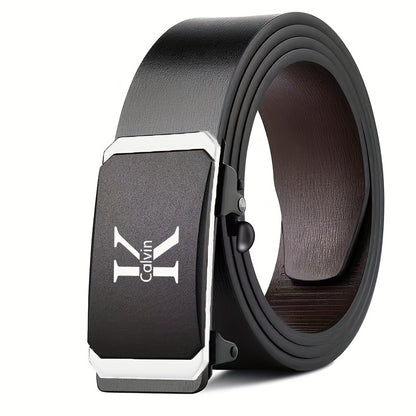 K-Letter Calvin Men'S Automatic Buckle Belt - Adjustable Faux Leather with Golden-Tone Metal Accents, Durable Casual & Formal Accessory for Jeans, Dresses - Ideal Christmas Gift, Belt for Dress, Dress Belt, Modern Belt, Quali