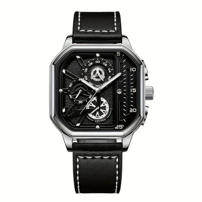 1 Casual Men's Quartz Watch, PU Leather Strap Business Watch Set Suitable for All Occasions, Jewelry Gift for Dad, Boyfriend, Suitable for All Festivals (Box Not Included)