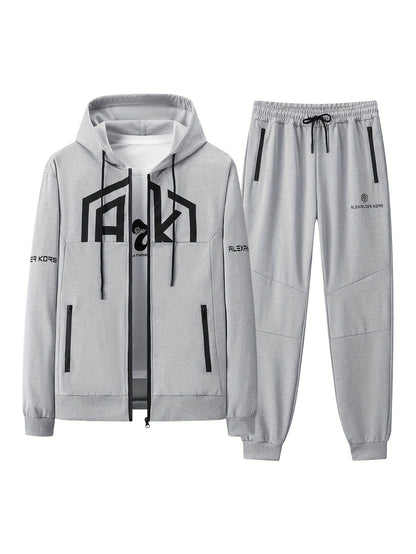 Men's AK Letter Print Long Sleeves Hoodies With Zipper Detail & Long Pants Two-piece Set, Slight Stretch Comfortable Clothing For Spring And Autumn