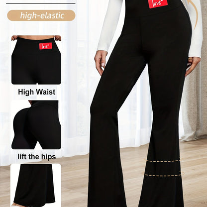 High-Waisted Flared Leggings for Women - Stretchy Black Polyester Pants with Tummy Control, Slimming Fit, and Breathable Design for Spring/Summer/Fall Casual Wear, Spring Summer Leggings | Fitted Leggings | Elastic Waistband