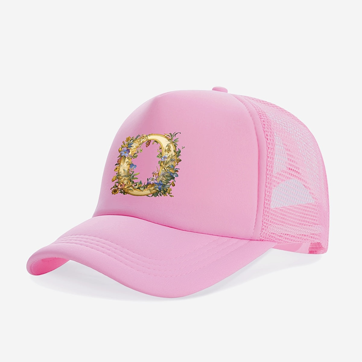 1-Pack Youngsters Trucker Hat with Golden Floral Letter A Design - Breathable Sun Protection, 100% Polyester, Adjustable Snap Closure, Pink for Spring/Summer Outdoor Play, Back to School, Thanksgiving, Teacher's Day (Ages 3-1