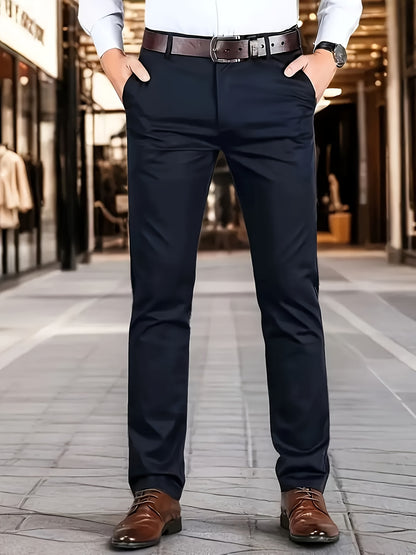Men's Classic Business Dress Pants, Solid Color Casual Trousers, 100% Polyester, Regular Fit, with Zipper Fly, for Daily Wear and Gifting, All-Season, Allseason Trousers | Notch Lapel Design | Polyester Trousers
