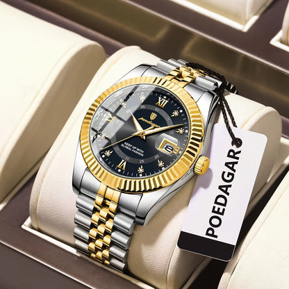 POEDAGAR Luxury Men'S Quartz Watch - Waterproof, Luminous, Stainless Steel Band, Blue & Golden Accents, Date & Week Display, Casual Elegant Timepiece with Backpack Clasp