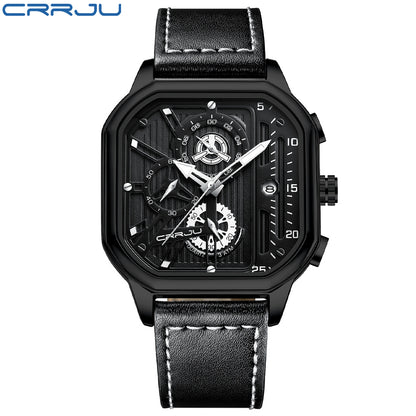 CRRJU Men's Sporty Chronograph Watch with Rose Golden Accents, Quartz Movement, IPX8 High Quality, Black Dial & Brown Faux Leather Strap - Durable Casual & Formal Timepiece