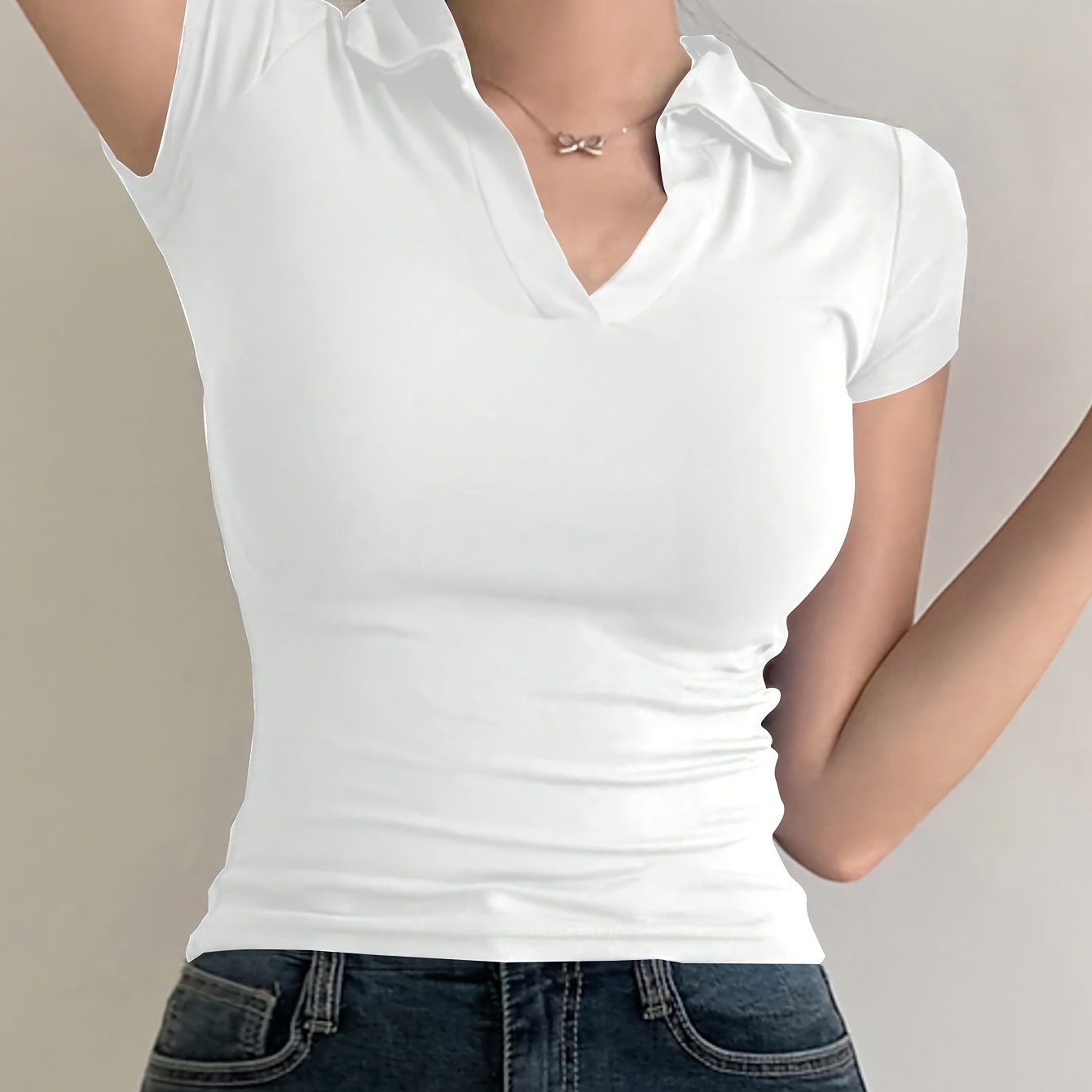 [Sleek Fit] Women's Slim Fit Short Sleeve Shirt - Elegant Black V-Neck Tee, Stretchy Polyester Blend, Machine Washable, Perfect for Spring/Summer/Fall, Short Sleeve Blouses