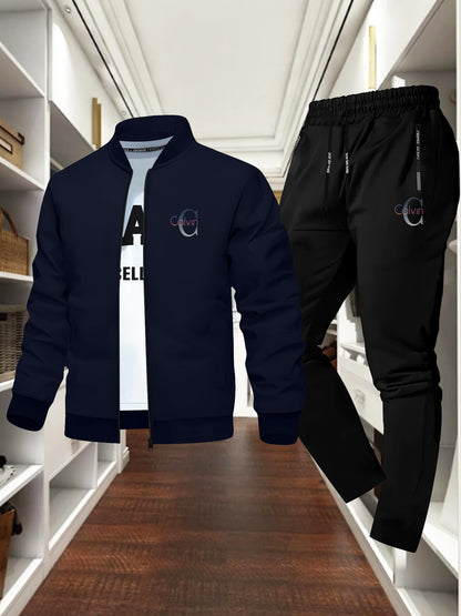 Men's New Fresh and Stylish "Calvin" Print Jacket Set, Autumn-Winter Sporty Comfortable Trendy Versatile Two-Piece Outfit