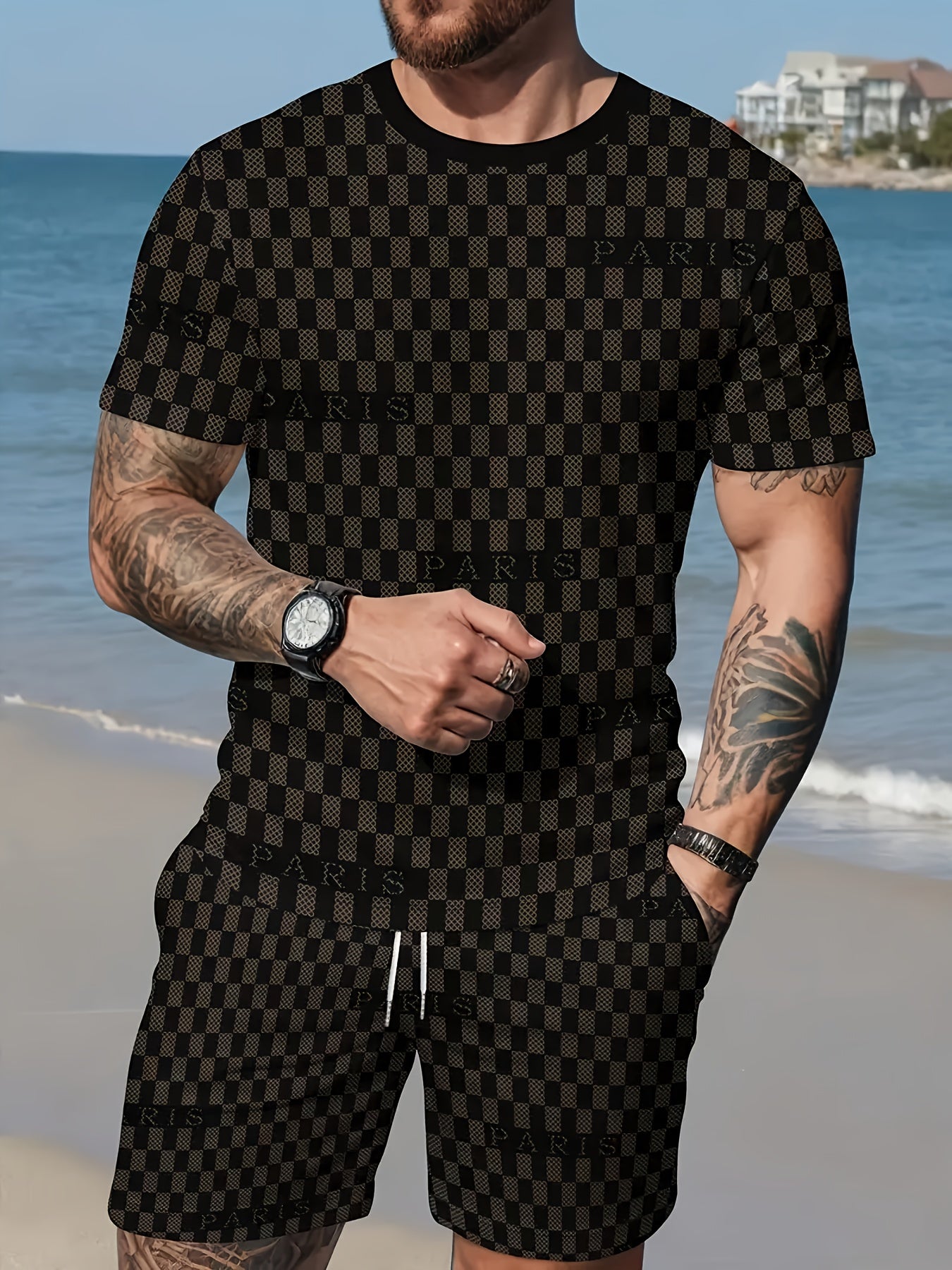 2pcs Men's Summer Casual Outfit: Ink Splash & Checkered Pattern Short Sleeve T-Shirt and Drawstring Shorts Set - Lightweight Polyester, Machine Washable, Ideal for Beach & Casual Attire