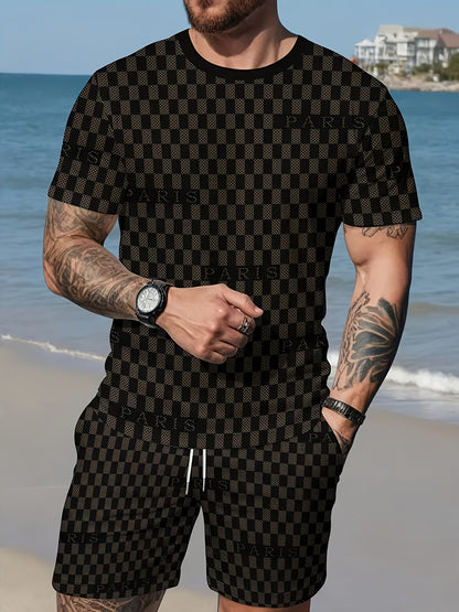 2pcs Men's Summer Casual Outfit: Ink Splash & Checkered Pattern Short Sleeve T-Shirt and Drawstring Shorts Set - Lightweight Polyester, Machine Washable, Ideal for Beach & Casual Attire