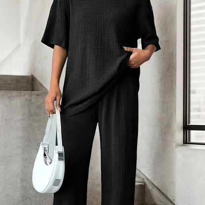 Women'S Elegant Solid Color Crew Neck T-Shirt and Pants Set, Polyester Knit Fabric, 95% Polyester 5% Elastane, Casual Drop Shoulder Outfit for Spring/Summer, 170g/m²