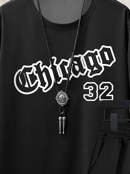 Chicago Monogram Print Men'S Short Sleeve And Shorts Set Everyday Casual Men'S T-Shirt Street Fashion Sports Shorts Two-Piece