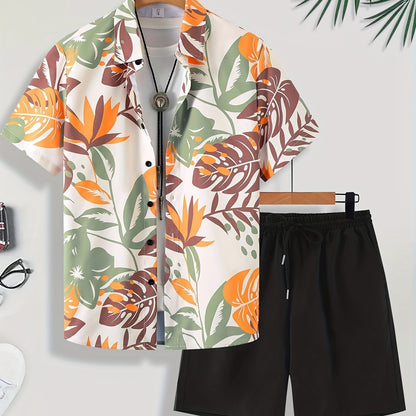 Men'S Tropical Palm Leaf Print Short Sleeve Shirt & Solid Black Shorts Set - Casual Summer Outfit with Drawstring Waist, Non-Stretch Fabric, Perfect for Beach or Vacation, Beach Attire | Tropical Print Shirt | Nonstretch Fabr