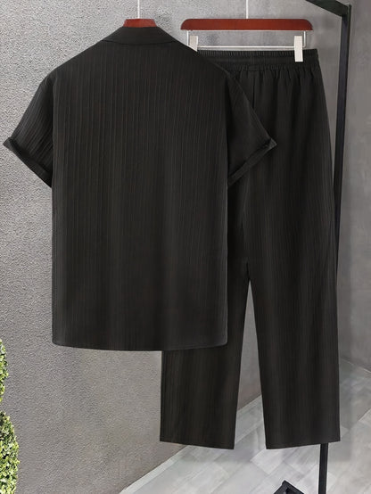 New Men's Short-Sleeved Cardigan Turnover Collar Shirt and Trousers Home Leisure Outerwear Set Men's Fashion Striped Style