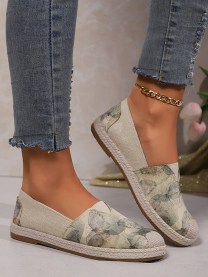 Women's Breathable Slip-On Loafers - Soft Sole Casual Walking Shoes, Lightweight & Comfortable, Beige Floral Pattern Fabric Upper, PU Cover Sole, Perfect for Casual Attire, Allseason Loafers | Slipon Comfort | Soft Sole Shoes