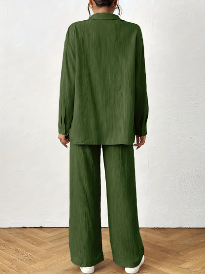 Women'S Casual Solid Color Long Sleeve Shirt + Long Pants 2pcs Set for Spring And Autumn.