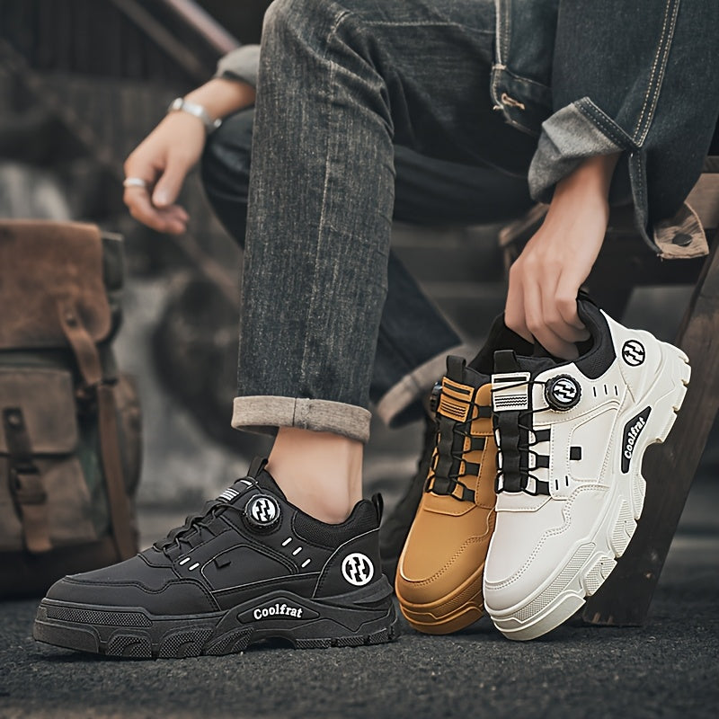 Men'S 2025 Spring Sneakers - Low-Top Lace-Up Casual Shoes with Rotating Button Closure, Breathable Mesh Lining & Cushioned EVA Sole for Running, Hiking, Gym - White & Black Design, Hiking Footwear, Modern Sneakers, Fabric Lin