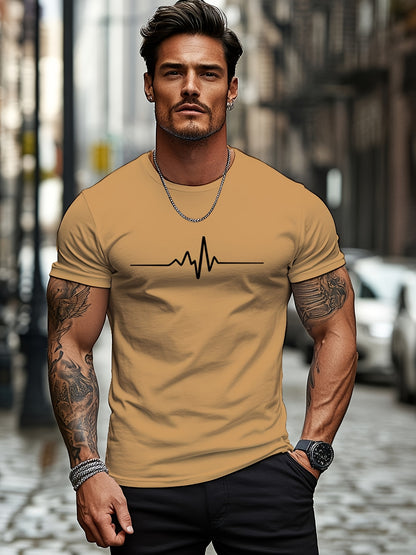 Men'S Brown T-Shirt with ECG Heartbeat Graphic - Casual Streetwear, Short Sleeve, Round Neck, Stretch Fabric, All-Season Comfort, Casual Streetwear Tee | Round Neck Tshirt | Comfortable Fit