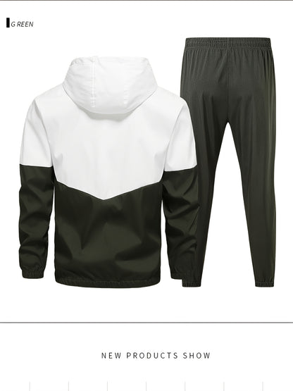 Men's Spring Autumn Outdoor Sports Training Casual Color Block Stitched Hoodie Adjustable Set Home Top and Pants Fashionable Windproof Jacket Pants Two-Piece Suit